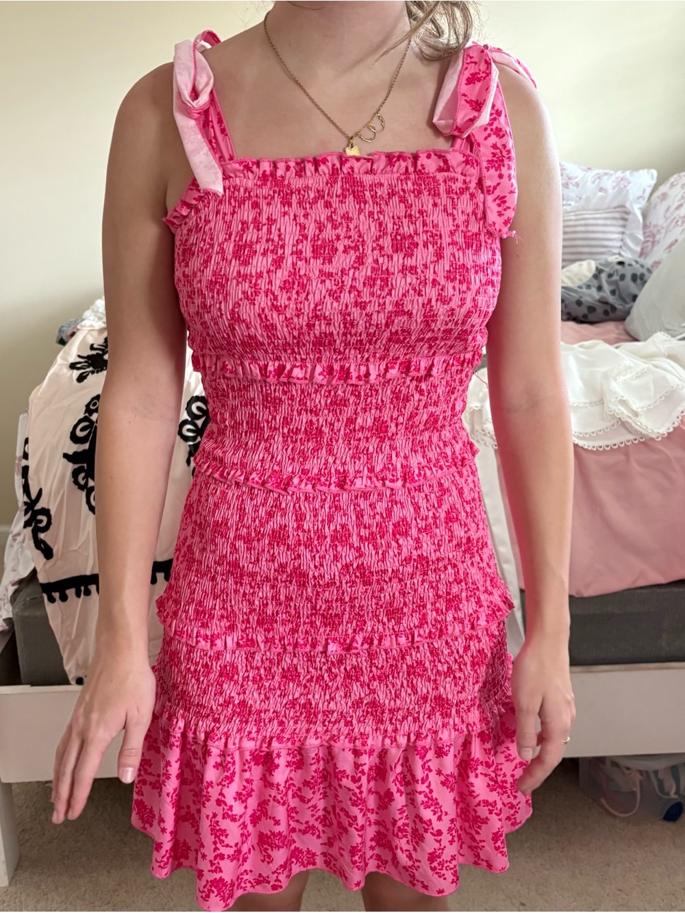 SHEIN Hot Pink Smocked Tie-Shoulder Mini Dress